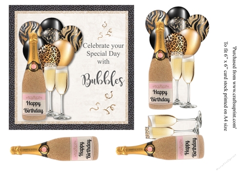 Gold Glitter bottle Champagne with matching balloons birthday card 6x6 topper 
