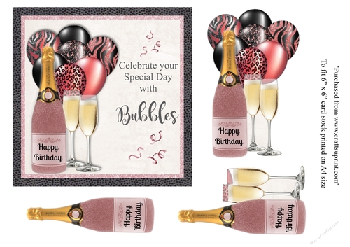 Rose Glitter bottle Champagne with matching balloons birthday card 6x6 topper 