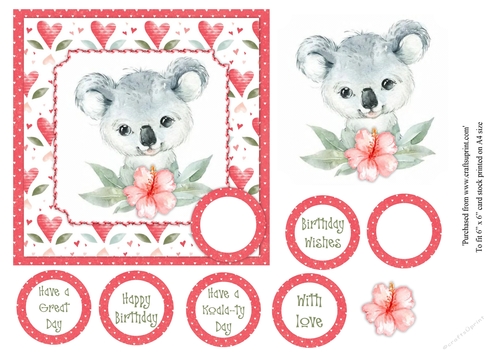 KIds cute koala bear birthday card topper for 6x6 card