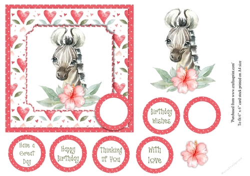 KIds cute baby zebra birthday card topper for 6x6 card