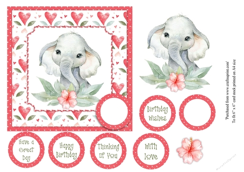 KIds cute baby elephant birthday card topper for 6x6 card