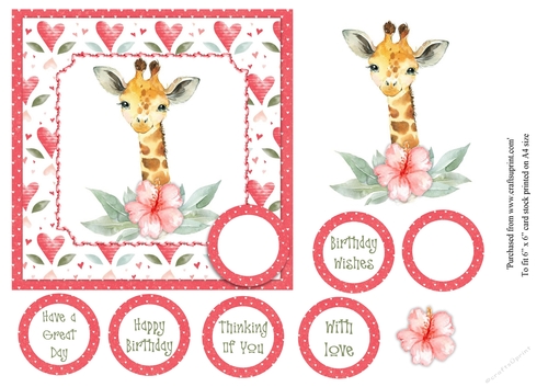 Kids cute baby giraffe birthday card topper for 6x6 card