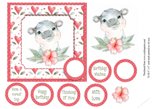 Kids cute baby hippo birthday card topper for 6x6 card