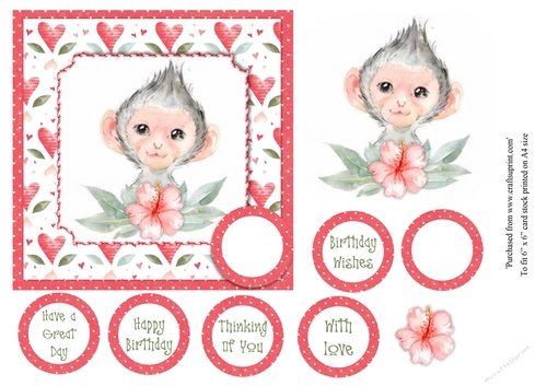Kids cute baby monkey birthday card topper for 6x6 card