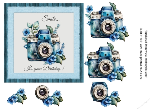 Floral Camera birthday card topper for 6x6 card