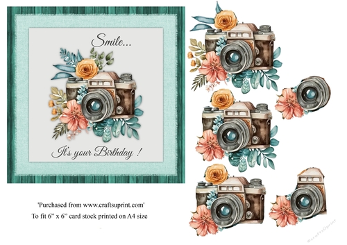 Floral Camera birthday card topper for 6x6 card