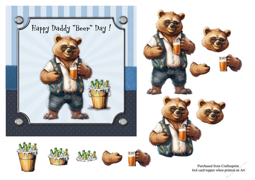 Daddy Bear with beer card topper, birthday or fathers day for 6x6 card 