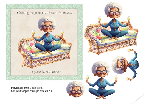 #2 Funny Yoga Gran Birthday card topper for 6x6 card
