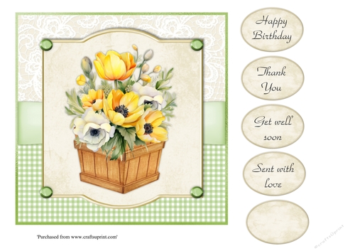 #1 Yellow tulips and anemones in wooden box 7x7 card topper