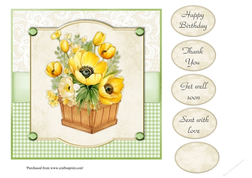 #2 Yellow tulips and anemones in wooden box 7x7 card topper