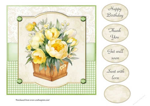 #3 Yellow tulips and anemones in wooden box 7x7 card topper