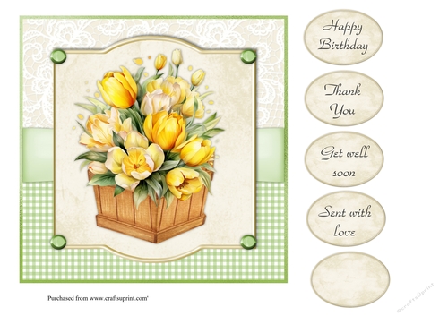#4 Yellow tulips and anemones in wooden box 7x7 card topper