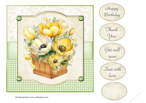 #5 Yellow tulips and anemones in wooden box 7x7 card topper