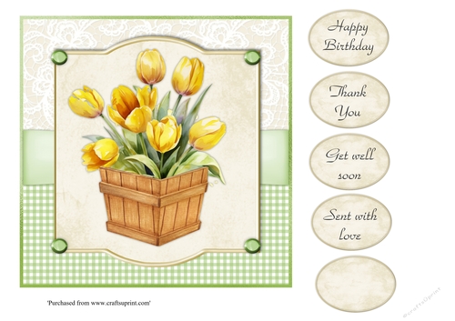 #6 Yellow tulips and anemones in wooden box 7x7 card topper