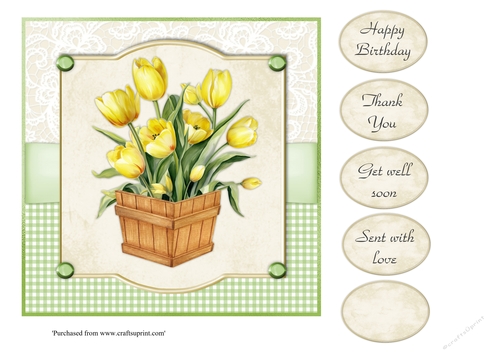 #7 Yellow tulips and anemones in wooden box 7x7 card topper