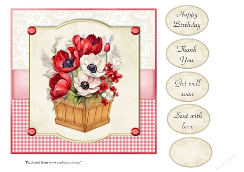 #2 Red anemones in wooden box 7x7 card topper