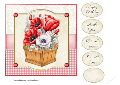 #1 Red anemones in wooden box 7x7 card topper