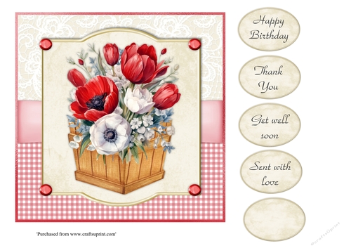 #3 Red anemones in wooden box 7x7 card topper