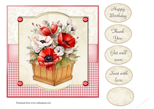 #4 Red anemones in wooden box 7x7 card topper