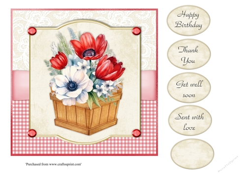 #5 Red anemones in wooden box 7x7 card topper