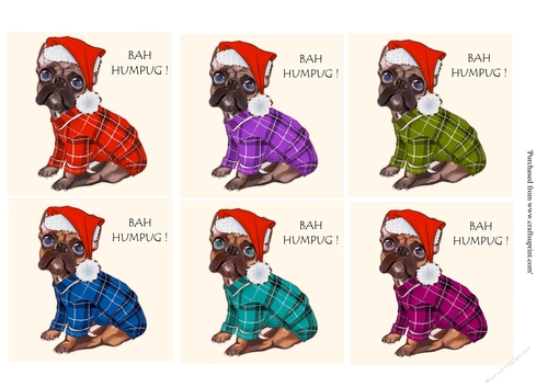 Christmas Pug with Santa hat 6x6 toppers greeting Bah Humpug