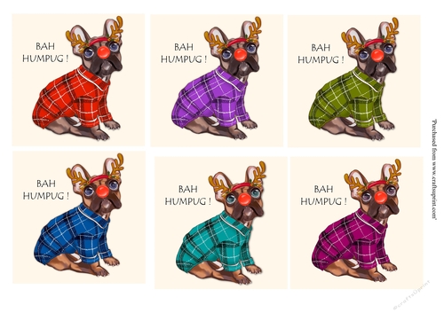 Christmas Pug with reindeer antlers and red nose 6x6 toppers greeting Bah Humpug