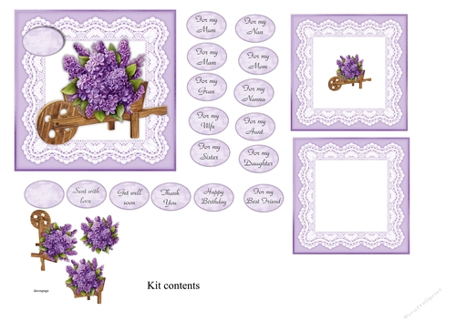 Lilac flowers in wheelbarrow card topper for 6x6 card 