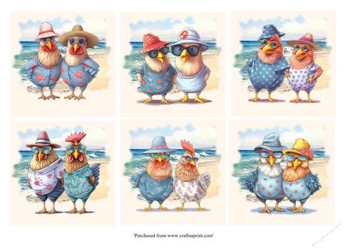 Funny chicken couple having fun at the beach card front
