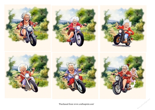 Crazy Granny on motorbike card fronts