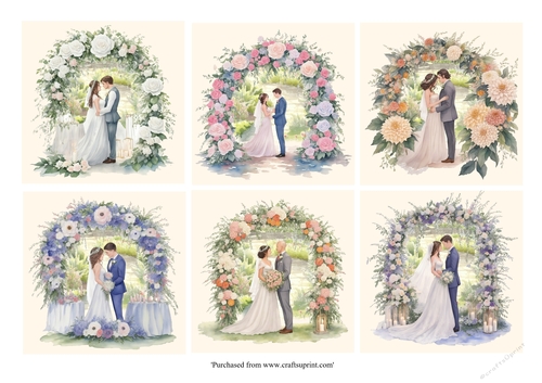 Wedding couples in floral arches 