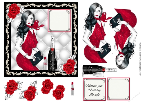 Chic Lady in red with champagne and roses 6x6 card topper