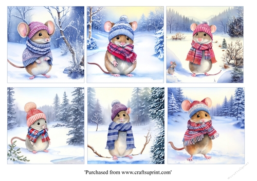 Cute Christmas Mice in hats and scarves card toppers for 8x8 cards