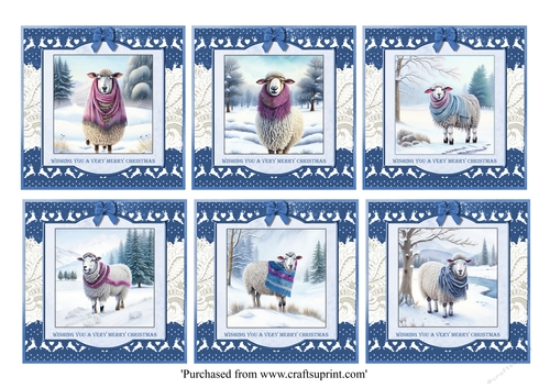 Cute Christmas Sheep in colourful scarves card toppers for 8x8 cards