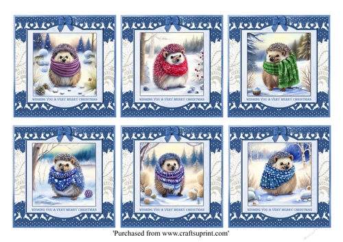 Cute ChristmasHedgehogs in colourful scarves card toppers for 8x8 cards