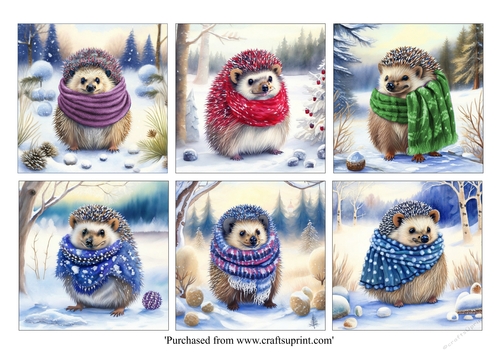 Cute ChristmasHedgehogs in colourful scarves card toppers for 8x8 cards
