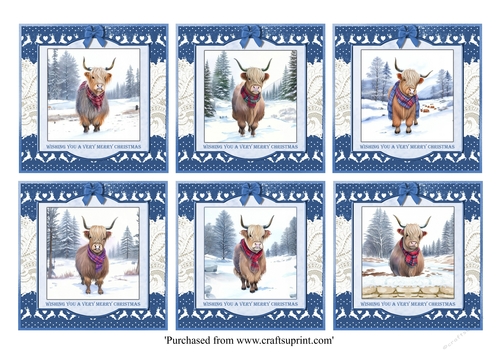 Cute Highland Coos in tartan scarves card toppers for 8x8 cards