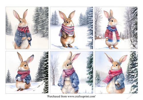 Cute Rabbits in winter clothes card toppers for 8x8 cards