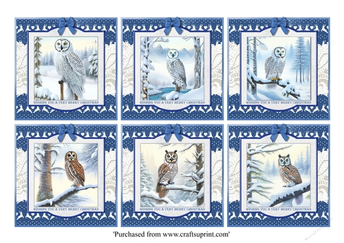 Cute Owls in snowy winter scenes card toppers for 8x8 cards