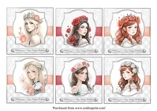 Girls with tiaras and flowers set of 6 card toppers for 8x8 cards