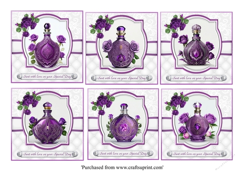 Beautiful Ornate Purple Perfume bottle card toppers for 8x8 card