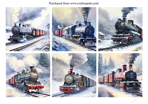 Steam trains in winter scenes kit for 8x8 cards