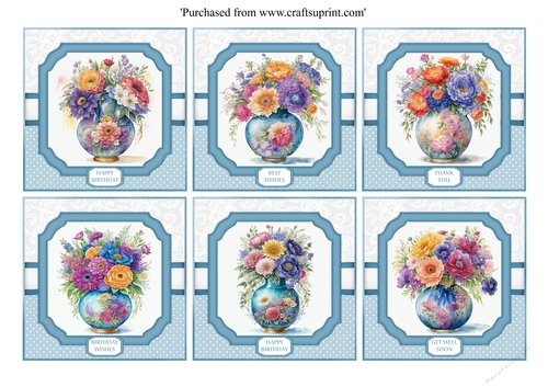 Set of 6 Vases of flowers toppers for 8x8 cards