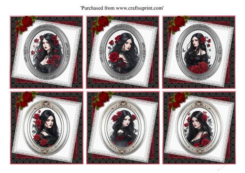 Set of 6 Gothic Princess with red roses toppers for 8x8 cards