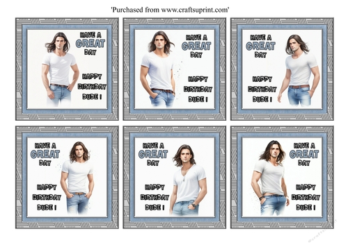 Set of 6 Young male with long dark hair birthday toppers for 8x8 cards
