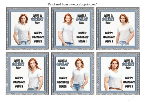 Set of 6 Young male with long auburn hair birthday toppers for 8x8 cards