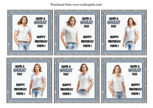 Set of 6 Young male with long brown hair birthday toppers for 8x8 cards