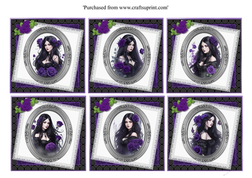 Set of 6 Gothic Princess with purple roses toppers for 8x8 cards