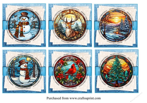 Stained glass set of 6 Christmas card toppers for 8x8 cards
