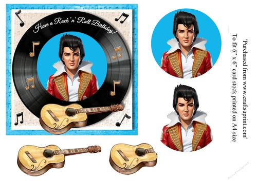 Cartoon Elvis themed birthday card topper for 6 x 6 card