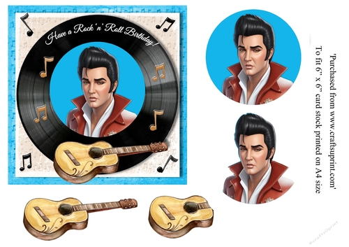 Cartoon Elvis themed birthday card topper for 6 x 6 card